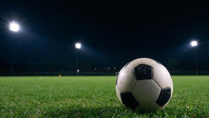 Fototapeta premium A Ball on a Green Field at Night. Abstract Visual Composition with Bright Lights.