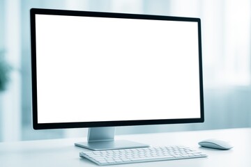 Fototapeta premium Blank computer monitor mockup with keyboard and mouse on clean white desk in modern office with light background for design or branding presentation. Ai generative