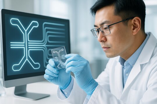 Scientist analyzing microfluidic chip for biotechnology innovation in laboratory, with digital interface diagram on screen in background. Ai generative
