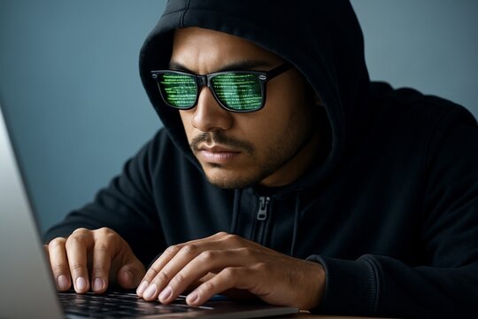Hacker in black hoodie typing on laptop with green code reflected in sunglasses on dark blue background, symbolizing cybercrime and coding focus. Ai generative