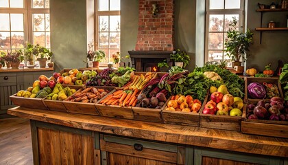 Rustic Farmhouse Kitchen Interior with Abundant Fresh Produce Display