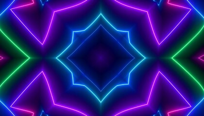 Vibrant Neon Geometric Abstract Pattern with Symmetrical Glowing Lines.