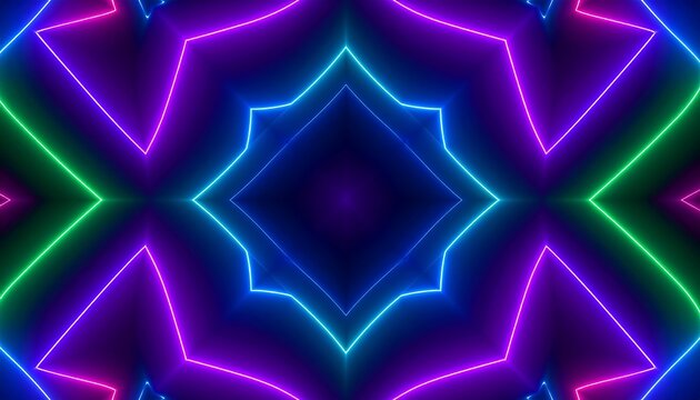 Vibrant Neon Geometric Abstract Pattern with Symmetrical Glowing Lines.