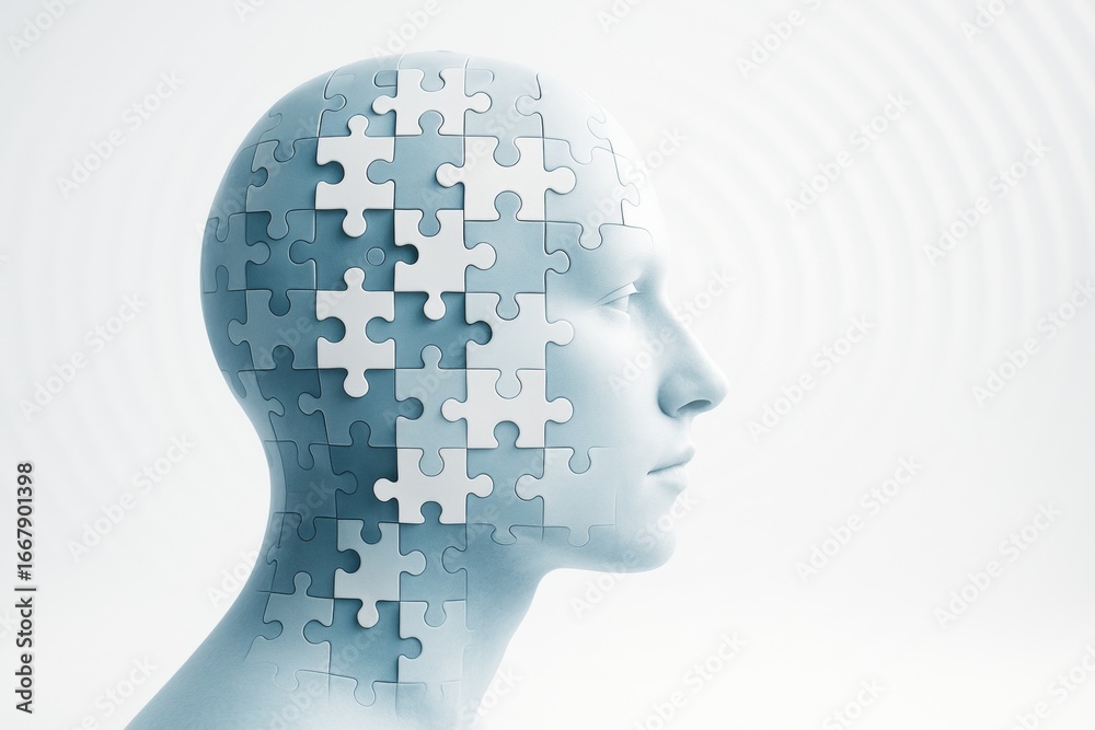 Wall mural human head made of puzzle pieces symbolizing mental complexity and cognition on a white abstract sci