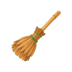 Traditional Corn or Straw Broom Vector Icon with Wooden Handle