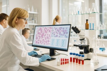 Female scientist analyzing microscope images on computer in bright modern laboratory with scientific glassware and technology on white background.