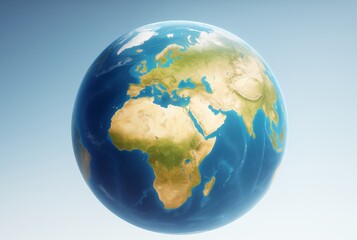Fototapeta premium Stylized Earth globe showing continents with clear atmosphere and soft light on blue background, ideal for science and abstract backgrounds.