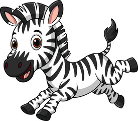 Smiling cartoon zebra with expressive eyes and dynamic pose — energetic black-and-white jungle animal for kids, safari, and wildlife themes