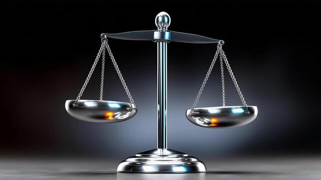 A metal balance scale symbolizing justice, with two equal-sized bowls suspended from chains on either side.