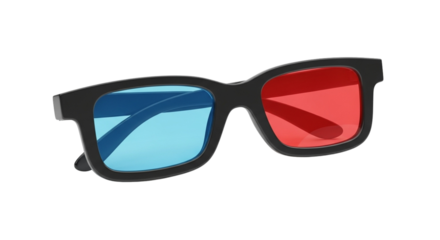 A close-up shot of a pair of 3D glasses with red and blue lenses, isolated on white.