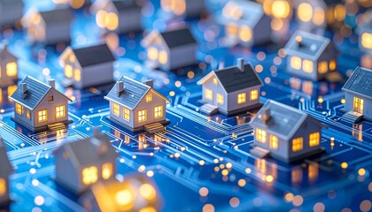 Smart homes glowing on circuit board surface