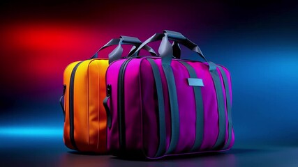 Two colorful duffel bags, one purple and one orange, set against a gradient background with red and blue hues. - Powered by Adobe
