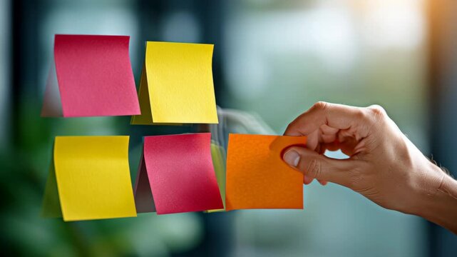Business pitch deck preparation with colorful sticky notes on glass wall and hand holding note for creative ideas organization