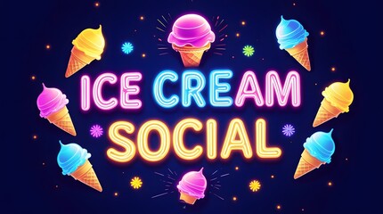 Neon Ice Cream Social Invitation with Colorful Cones and Glowing Flowers on Dark Background