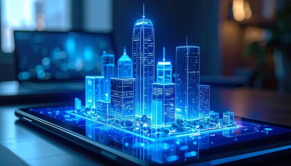 Holographic city emerging from tablet with glowing blue buildings