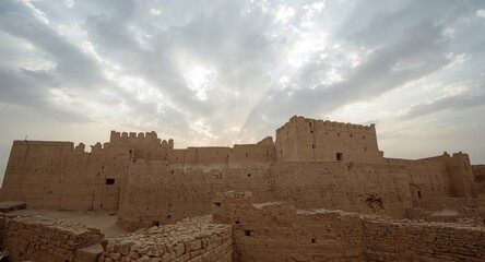 Monumental Structure Under a Cloudy Sky Sunlight Piercing Through, Brickwork Texture.