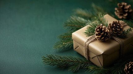 Festive holiday gift box arranged with minimalist natural decorations, presenting elegant seasonal styling for winter marketing visuals and greeting card design