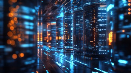 A futuristic server room, illuminated by vibrant blue and orange lights, showcasing lines of digital code within cylindrical structures.