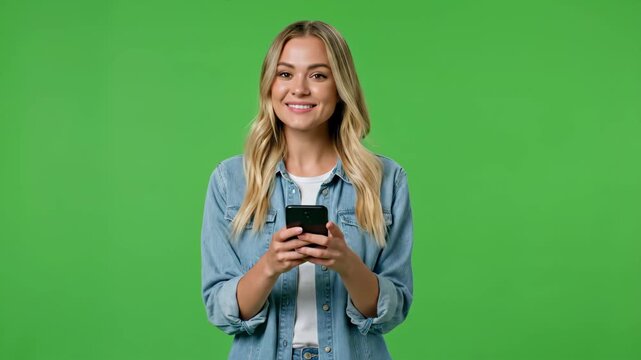Smiling Woman Typing on Smartphone Against Green Background for Social Media Content