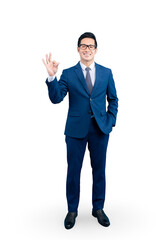 Full body asian businessman confidently gives an okay sign and wears a suit on a clear background