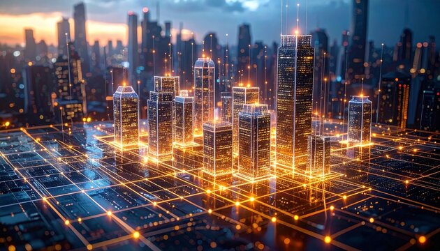 Futuristic city skyline with glowing grid and digital connections