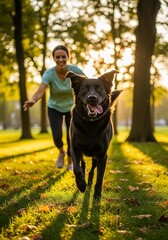 A smiling woman runs with her black dog in a park filled with trees on a sunny day. The dog is in focus and running towards the camera.