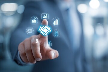 Businessman's finger touches a digital handshake icon surrounded by business-related graphics