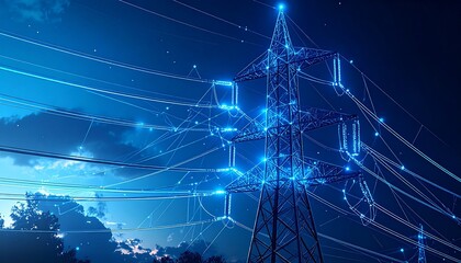 Smart grid pylons glowing with digital blue connections at night