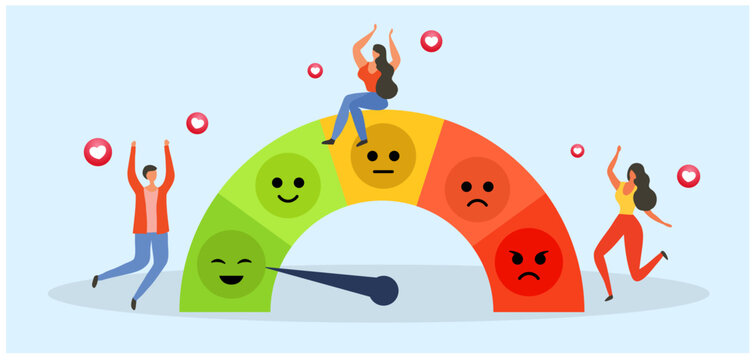 Emoji satisfaction meter, low stress and good mood indicator.  Good Mentally healthy people, Professional productivity, motivation, enthusiasm vector illustration