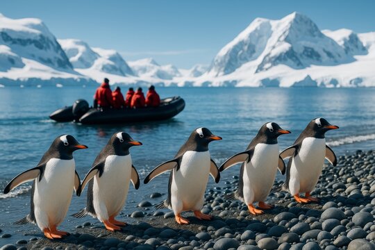 Group of penguins walking on rocky beach with tourists in boat and snow-covered mountains in the light background, concept of travel wildlife exploration. Ai generative
