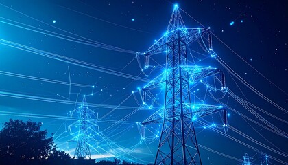 Smart grid pylons glowing with digital blue connections at night