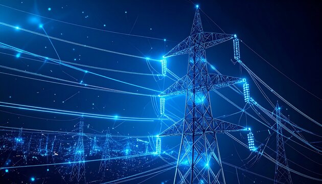 Smart grid pylons glowing with digital blue connections at night