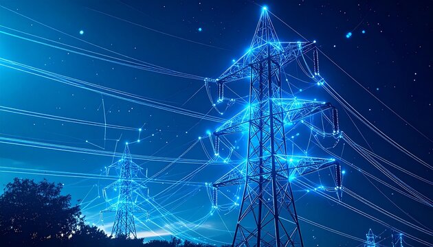 Smart grid pylons glowing with digital blue connections at night