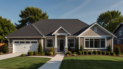 Old white wooden cottage with a blue sky, surrounded by a serene forest