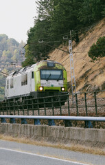 Obraz premium Tren circulando por carril en la montaña.