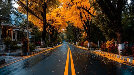 Quiet empty street lined with colorful autumn leaves, wide open space with trees on either side, offering ample room for inspirational or travel quotes in a serene fall setting.