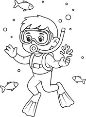 Isolated outline Diver kid underwater with fishes and coral. Good for printable coloring sheets, preschool learning, career-theme lessons, posters, books, hands-on activity packs