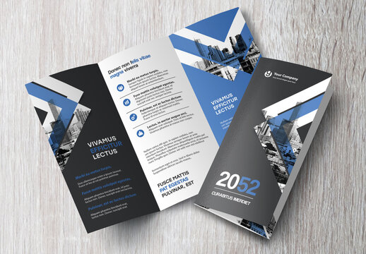 Corporate brochure design template &ndash; Professional modern tri-fold leaflet with geometric layout and business theme in Blue and Black
