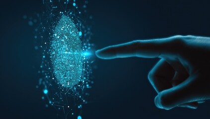 A hand hovers over a glowing, digital fingerprint, nodes and lines connecting to form a complex network, illustrating biometric security and data authentication on a dark blue background