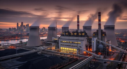 Power plant with large cooling towers and smoking chimneys at dusk, generating electricity for urban heating systems.