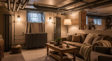 Fototapeta premium Cozy basement living room with exposed heating system pipes on the ceiling. Home interior design with radiant heating for comfort.