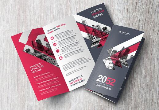 Corporate brochure design template &ndash; Professional modern tri-fold leaflet with geometric layout and business theme in Red and Black