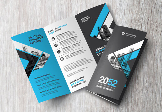 Corporate brochure design template &ndash; Professional modern tri-fold leaflet with geometric layout and business theme in Blue and Black