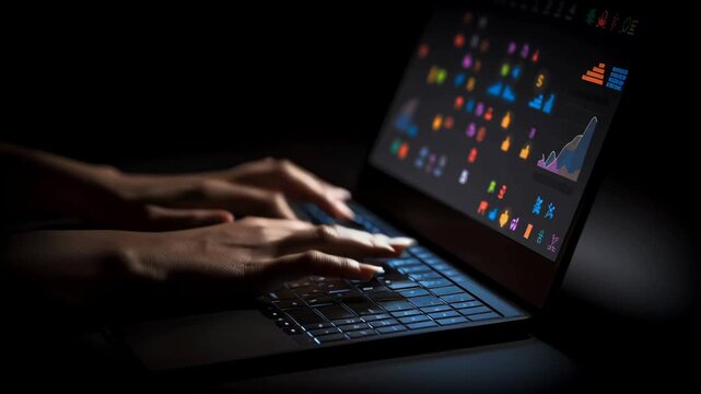 Business pitch deck preparation laptop keyboard with hands typing dark environment showing colorful charts icons and graphs data