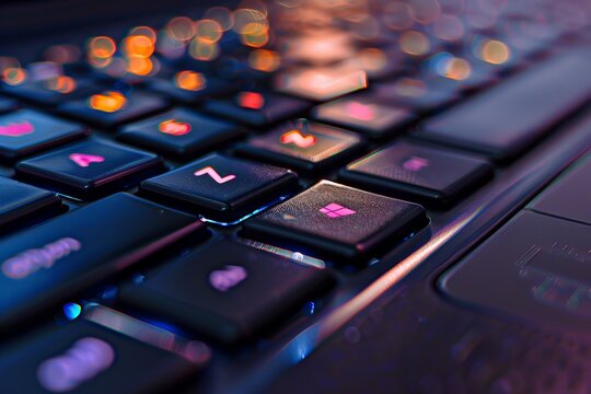 Close-up of a laptop keyboard with backlit keys - Powered by Adobe