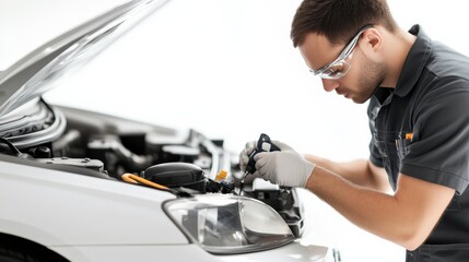 Vehicle maintenance action car repair workshop automotive service environment close-up view skilled technician at work
