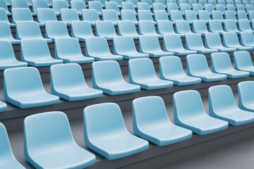 Fototapeta premium Empty light blue plastic stadium seats arranged in rows on gray concrete steps, minimalistic background concept with clean perspective lines.