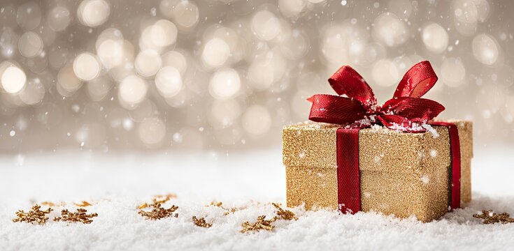 A gold gift box with red ribbon in snowy scene with bokeh lights - Powered by Adobe