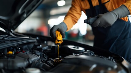 Car maintenance oil change procedure automotive workshop instructional guide technical environment close-up view vehicle care insights