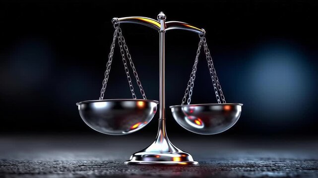 A metallic balance scale symbolizing justice and fairness, with two equal pans suspended by chains.